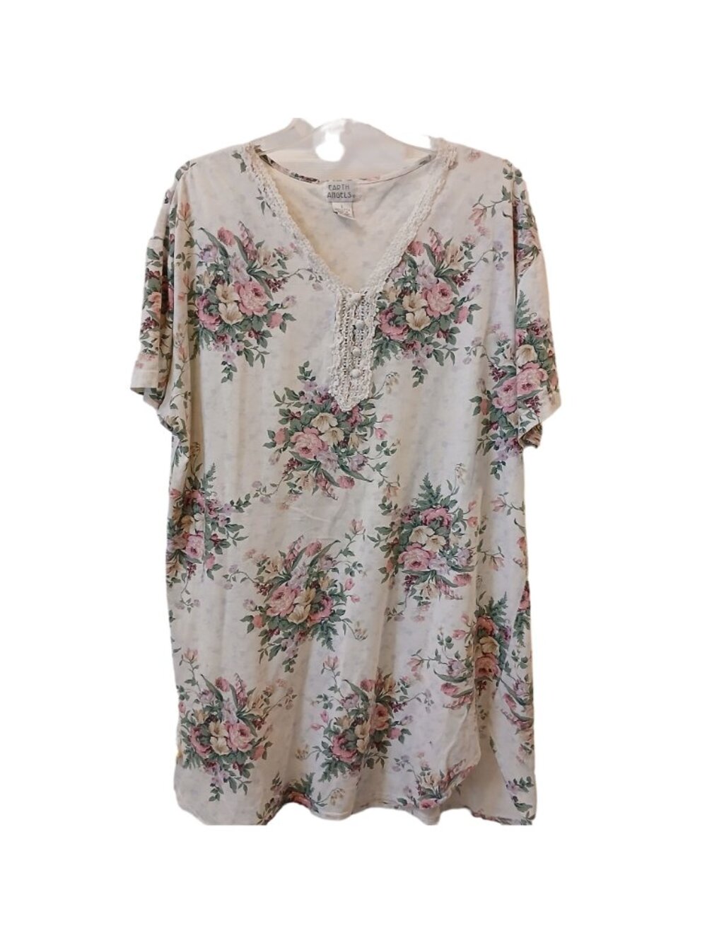 Earth Angels Floral Nightgown Large 100% Cotton Lace Trim VTG Made Hong Kong D33 - Picture 4 of 6